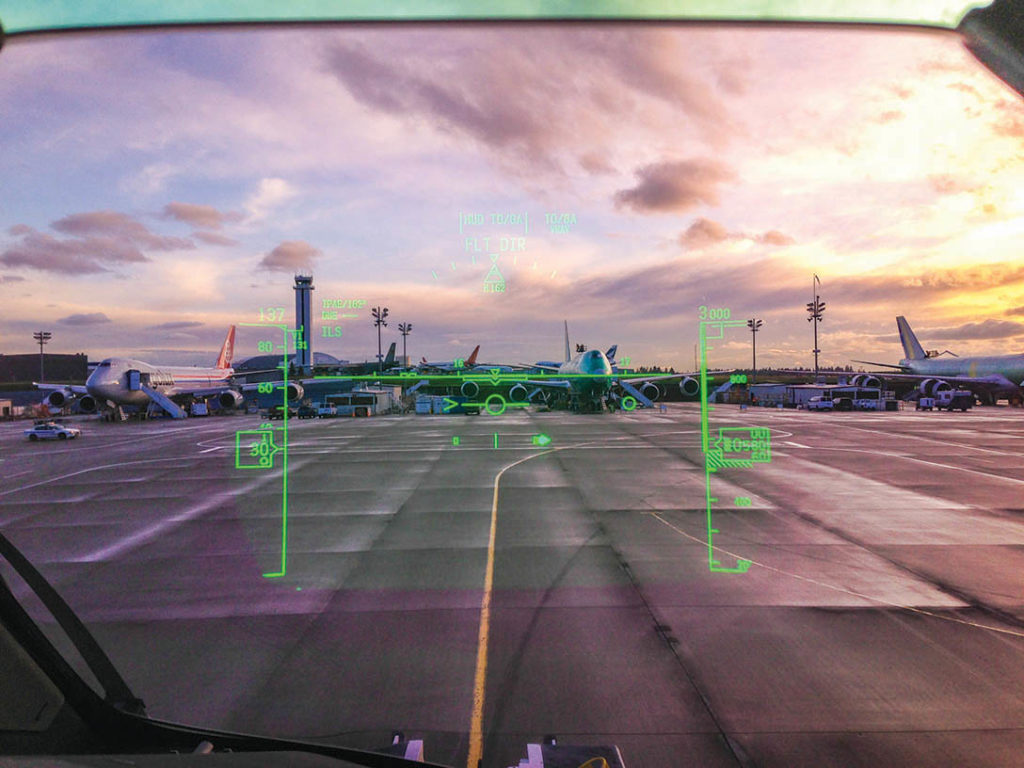 A view of Boeing Field through a B787 HUD